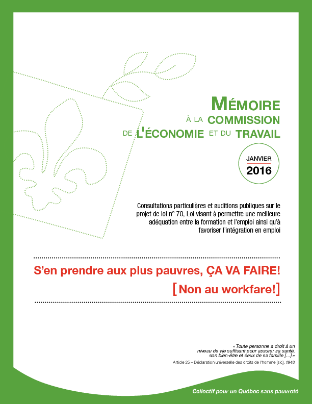 Mémoire du Collectif : « S’en prendre aux pauvres, ça va faire – NON au workfare »