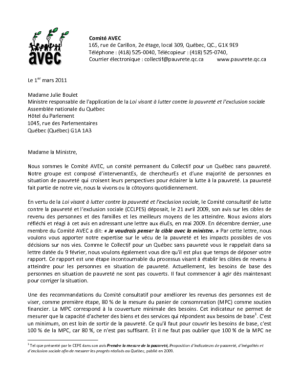 Lettre du comité AVEC à la ministre Julie Boulet