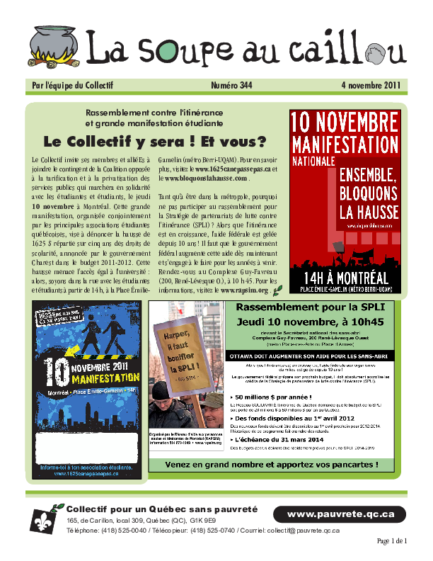 Rassemblement contre l’itinérance et grande manifestation étudiante : le Collectif y sera! Et vous?