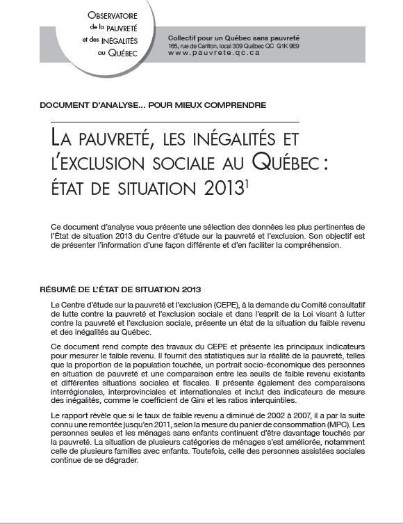 La pauvreté, les inégalités et l’exclusion sociale au Québec : état de situation 2013