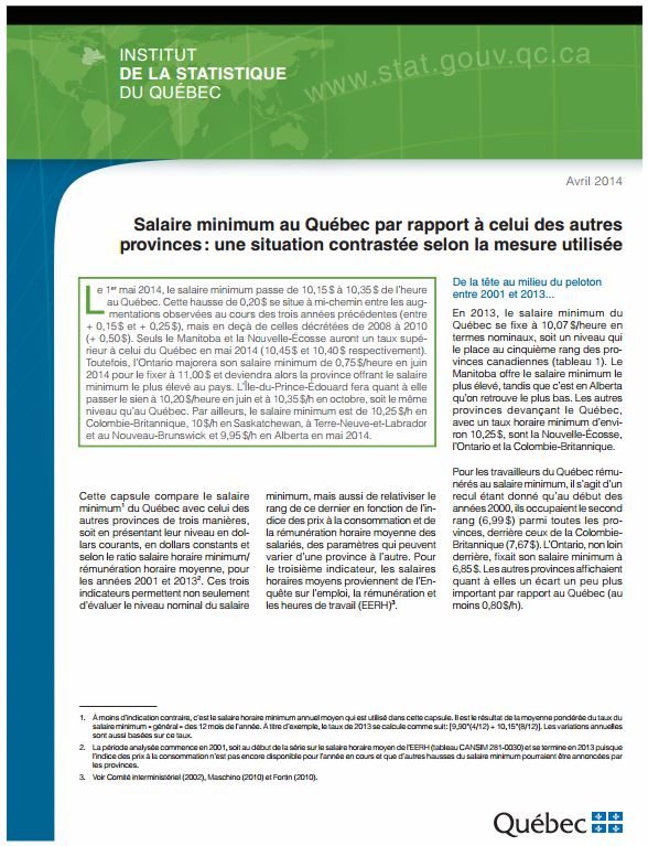 Salaire minimum au Québec par rapport à celui des autres provinces: une situation contrastée selon la mesure utilisée