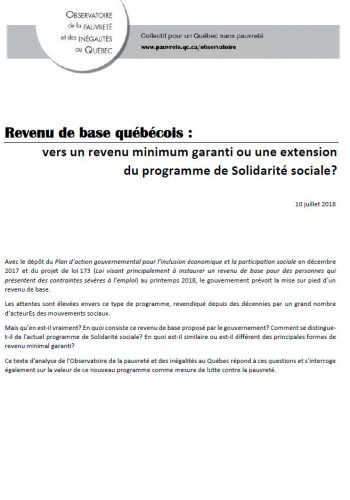 Revenu de base québécois : vers un revenu minimum garanti ou une extension du programme de Solidarité sociale?