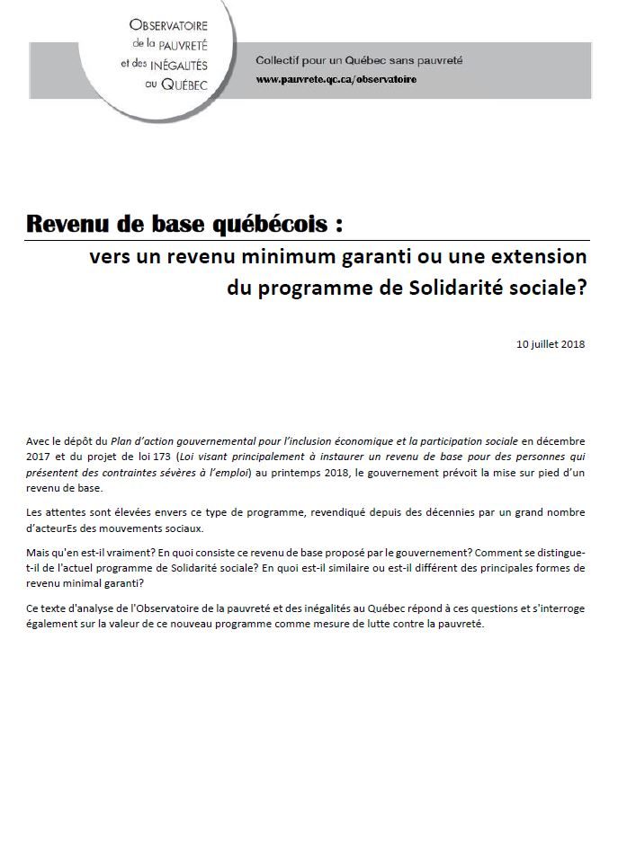 Revenu de base québécois : vers un revenu minimum garanti ou une extension du programme de Solidarité sociale?