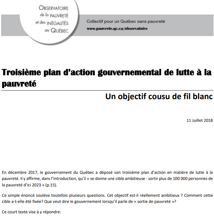 Troisième plan d’action gouvernemental de lutte à la pauvreté: un objectif cousu de fil blanc