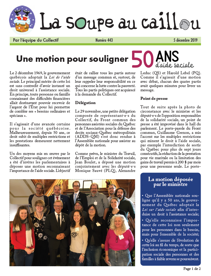 Une motion pour souligner 50 ans d’aide sociale